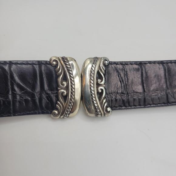 Black Brown Leather Belt Lg Western Oval Silver Buckle Boho Cowgirl Reversible